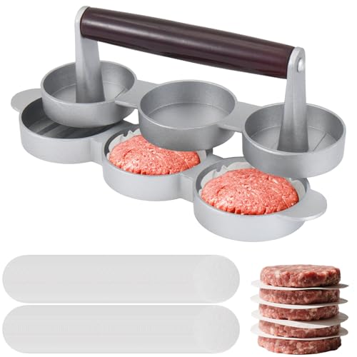 CODOHI Mini Burger Press Small Meat Patty Maker with 200 Patty Papers Round Shape Press Patty Maker for Mini Hamburger Barbecue Picnic Camping Three 2.56-inch molds (3 Slots+200 Patty Papers)