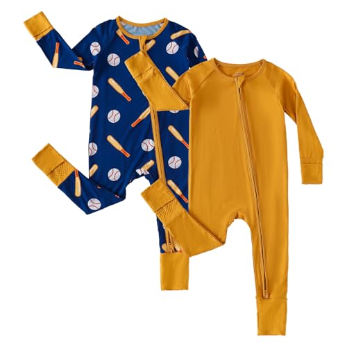 Image of Chichoo Rayon from Bamboo Baby Pajamas Boy 2pack Baseball Football Infant 2 Way Zipper Pjs Romper Newborn Footless Sleeper