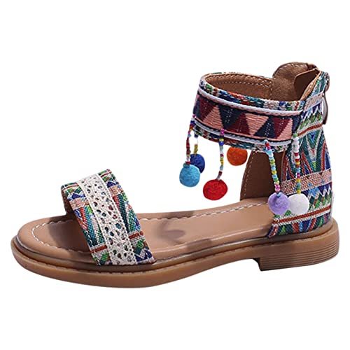 Girls Bohemian Ethnic Sandals Open Toe Comfortable Zip Back Roman Shoes Summer Retro Ethnic Style Flat Sandals