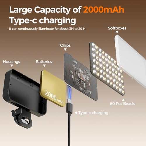 Image of RaLeno 60 LED Light for Video Shooting YouTube with 2000mAh Rechargeable Battery - 3000K-6500K Portable Influencer Light for Phone, Laptop, Photography & Reels (Black)