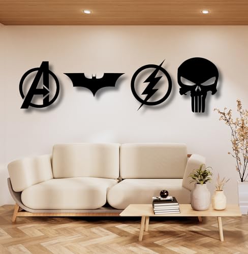 Image of TWIGGY Superhero 6mm MDF Wooden Wall Decor Set for Home, Office, or Gaming Room, Gift, Anime (pack of 4 | The Dark Knight,Punisher,Avengers,Flash)