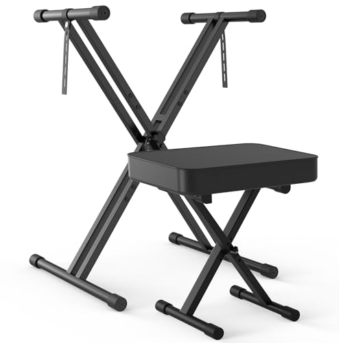 GLEAM Keyboard Stand and Bench Set, Double X Style Digital Piano Stand Height from 19' to 38', Heavy Density Foam Padded Stool from 14' to 18' Black
