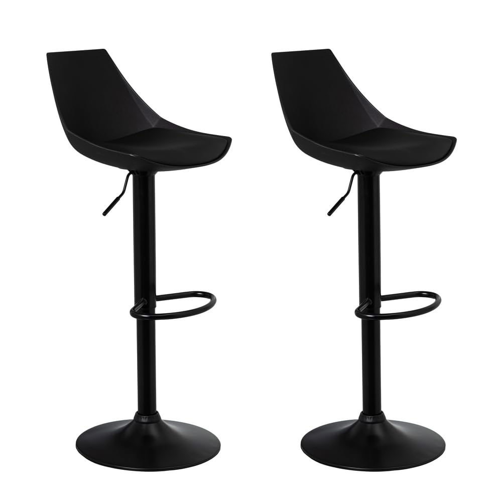 LOLAhome Set de 2 Taburetes Altos Cocina Giratorios en 360°, Juego de Sillas de Bar Regulables en Altura de 83 a 104 cm, con Respaldo,Material Polipiel, Estructura Metal Negra y Reposapiés, Negros