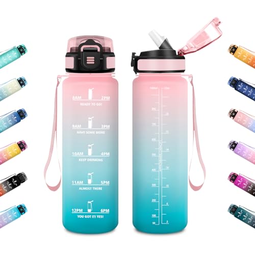 JAPORIA Borraccia Sportiva 1L, Borraccia Motivazionale con Cannuccia, Antigoccia, Capacità Grande, Riutilizzabile, per Palestra, Ciclismo, Yoga