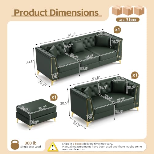 Image of KEIKI 2-Piece Chesterfield Sofa Set with Handmade Button Tufted, Green | 5-Seater Couch Set with 1 Faux Leather 3-Seater Sofa & 1 Loveseat & 1 Ottoman & 5 Pillow, Easy Assembly, for Living Room