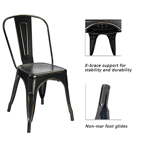 Image of Devoko Metal Indoor-Outdoor Chairs Distressed Style Kitchen Dining Chairs Stackable Side Chairs with Back Set of 4 (Black Gold)