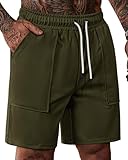VOGSTART Men Sweat Shorts Above Knee Active Short Fit Gym SweatShorts Soft Trendy 6'' Breathable Elastic Waist Stretch Dry Outdoor Work Comfy 5 Inch Loose Running Short Green L