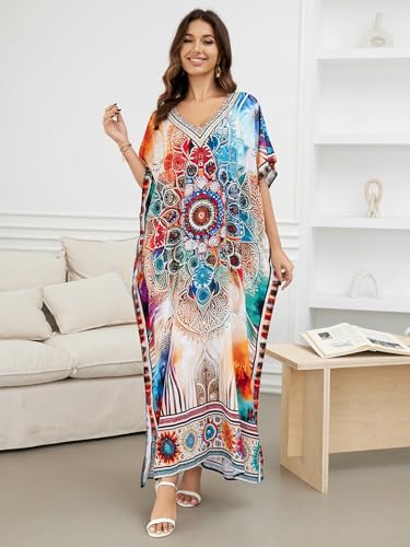 Image of IMAGEKOPE Women's Plus Size Loose Fit Moroccan Print V-Neck Batwing Kaftan Beach Dress Bathing Suit Cover Up