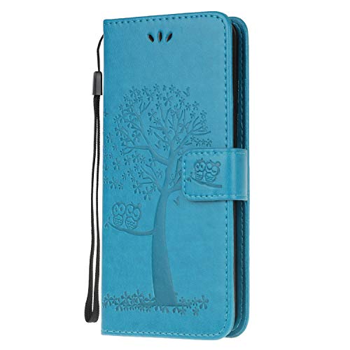 Wuhaizher Nokia C32 Case Leather Wallet Flip Folio Magnetic Clasp Stand View Bookstyle Cases for Nokia C32 Phone Case Cover Shockproof Cute Owl & Tree Pattern, Blue
