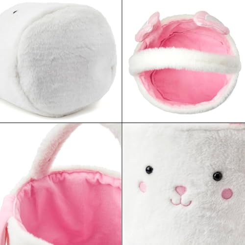 Image of Plush Bunny Basket for Easter Fluffy Easter with with Bunny Ears, Easter Egg Hunts Decorations Candy Gifts Storage (Pink White)