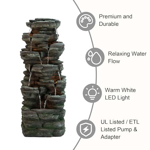 Image of Glitzhome Outdoor Water Fountain, 9-Tiered Rock Floor Fountain with Cascading Water, 39.25 inch H Polyresin Waterfall Fountain with Pump and LED Light Outdoor Water Feature for Garden Yard Patio Porch