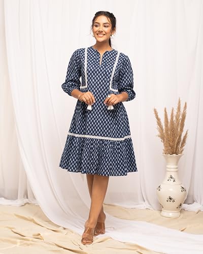 Image of FIORRA Women's Blue Cotton Floral Printed Dress