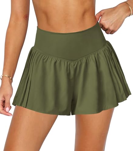 Womens Athletic Workout Tennis Shorts Crossover High Waisted Side Pleated Flowy Gym Running Shorts for Women