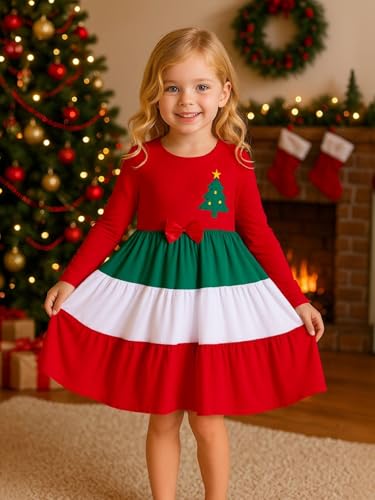 Image of Girl Long Sleeve Dress Ruffle Rainbow Color Block Cotton Casual Tiered Pleated Twirly Dress