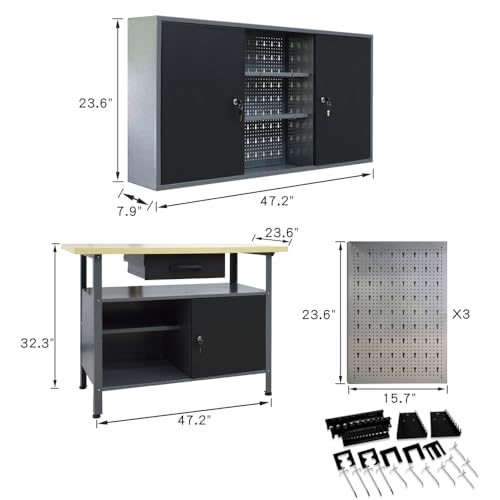 Image of Metal Heavy Duty Cabinet Workbench Set System, Included Pegboard Wall Cabinets Wood Table Top, for Garage Auto Repair Shops, Utility Room