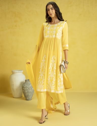 Image of Kaari Women's Chikankari Kurta Set with Dupatta -Fit & Flare Fit | Chiffon Dupatta with Embroidered Band | Straight Pant with Side Pocket | Kurta Set For Women