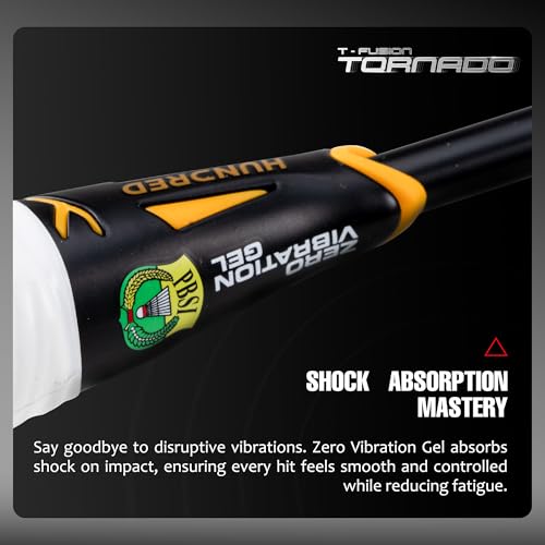 Image of Hundred T-Fusion Tornado Badminton Racket with Full Cover | ≤32 lbs | Performance Racket | Sturdy Frame & Smooth Swing | Offensive Shots & Fast Game