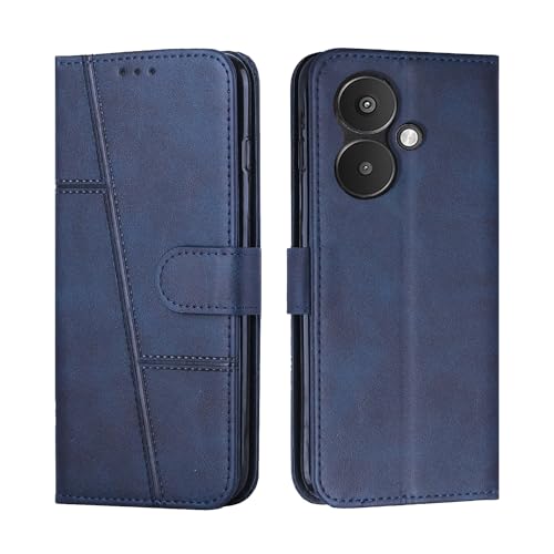 Image of Redmi 13C 5G Flip Cover Leather Finish | Inside TPU with Card Pockets | Wallet Stand | Complete Protection Flip Case Blue