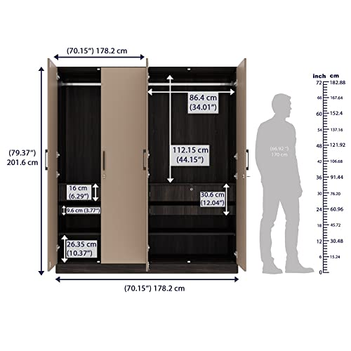 Image of Wakefit Wardrobe | 1 Year Warranty | Engineered Wood Almirah, Cupboard for Clothes Storage | 4 Door, 4 Shelves, 2 Drawers, 2 Trays, 2 Hanging Space | Cashmere Plus - Wyoming Maple-Frappe