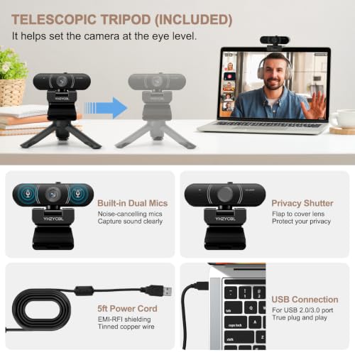 YHZYCBL 1080P Full HD Webcam, AF Auto Light Correction, Dual-Digit Microphone, Privacy Cover, Noise 360° Rotatable, Plug & Play USB Webcams — view 4