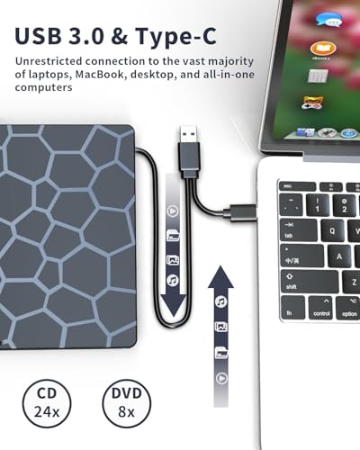 Image of External CD DVD Drive,8 in 1 USB 3.0 and Type-C Disc Reader Writer Burner Player,Slim and Portable CD DVD + /-RW Optical Drive for PC Laptop Desktop MacBook Mac Windows Linux OS Apple
