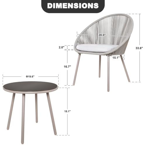 NUU GARDEN 3 Piece Outdoor Bistro Set, Woven Rope Conversation Patio Set, All Weather Patio Furniture Chairs and Table with Cushions for Garden, Deck, Backyard, Balcony, Porch, Beige