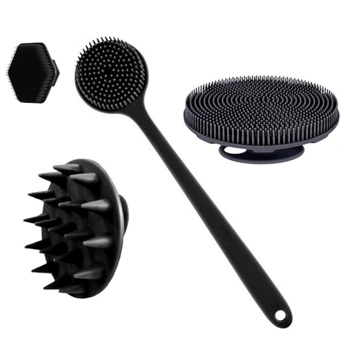 Silicone Body Brush Set Of 4 Pieces - Long-Handled Back Brush+Gentle Face Brush +Hair Brush+Shower Brush Non-Slip Soft Handle Deep Cleansing Massage Tools (Black)