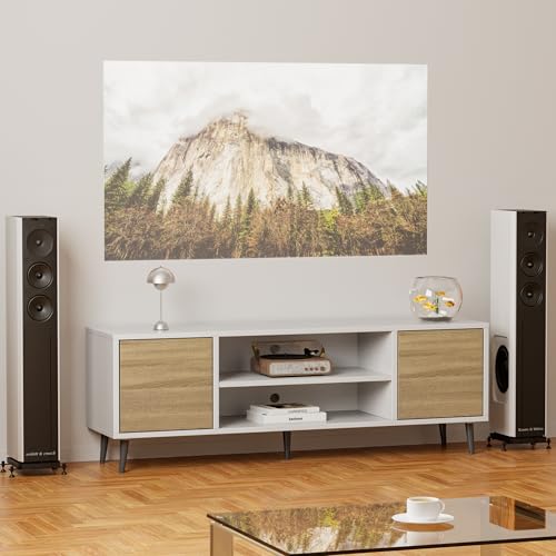 Image of JUMMICO TV Stand for 65 Inch TV, Mid Century Modern TV Stand, Entertainment Center with Storage Cabinet and Open Shelves, TV Console Table Media Cabinet for Living Room, and Bedroom (White)