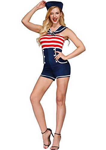 JJ-GOGO Sailor Costume For Women - Halloween Fancy Navy Stripe Jumpsuit Sexy Sailor Costume Adult(1872.2XL)
