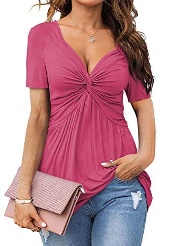 Image of Tankaneo Womens Front Knotted V-Neck Blouse T Shirt Short Sleeve Oversized Tunic Tops Summer Solid Pullover Tees