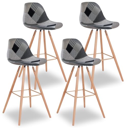 IDMarket - Lot de 4 tabourets de Bar SARA Motifs patchworks Noirs, Gris et Blancs