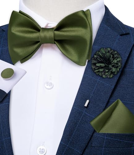 Image of DiBanGu Satin Bow tie Self-Tied Bowtie Set for Men Wedding Prom | Solid Color,Skin-Friendly,Versatile Accessory,Lapel Pin,Pocket Square,Cufflinks,School Dance,Banquet,Dinner,Celebration