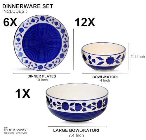 Image of Freakway Floral Hand-Painted Ceramic Dinner Set of 19 Pieces Including (10 Inch) 6 Stoneware Dinner Plates, 12 Serving Bowls (180 Ml) with 1 Large Bowl | Microwave & Dishwasher Safe - Royal Blue
