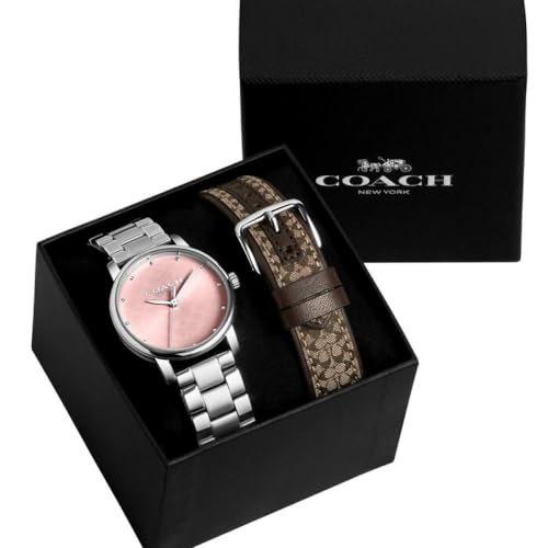 Image of Coach Grand Qtz Basic Women's Watch, Pink Round Dial, Khaki Band, Analog 14000088, Mahogany Calfskin & Khaki Fabric Material