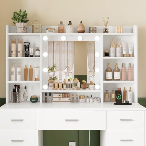 Image of FIONESO Vanity Desk with Mirror and Lights, Power Outlet, Makeup Vanity with 9 Drawers & 6 Open Storage Shelves, 3 Lighting Modes Brightness Adjustable, White
