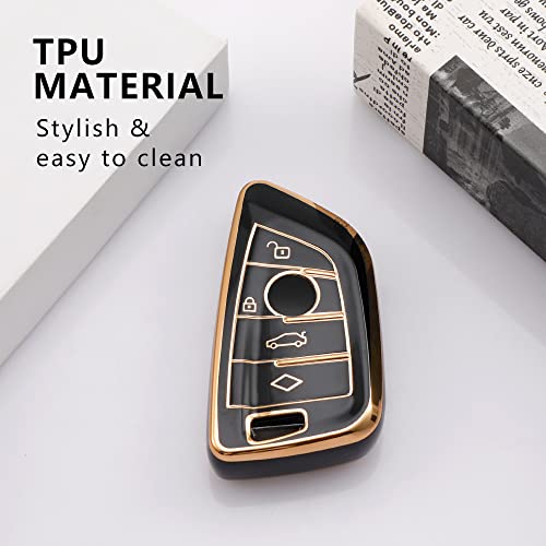 Image of Keyzone TPU car Key Cover Compatible for BMW X1, X3, X6, X5, 5 Series, 6 Series, 7 Series 4 Button smart Key (Type2) (Gold Black)