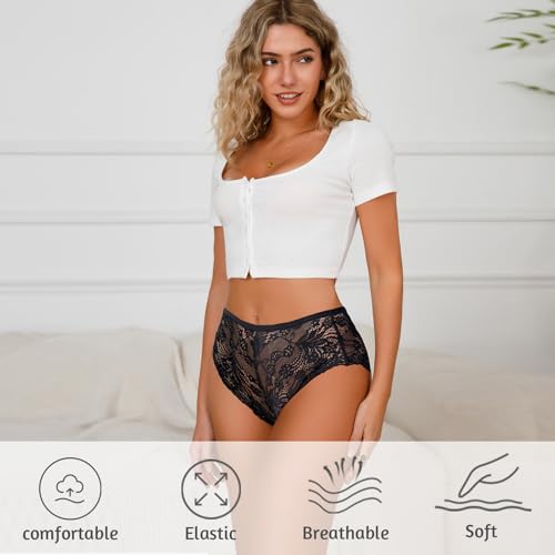 Image of High Waisted Underwear for Women Lace Briefs Curvy Silky French Cut Panties Multipack