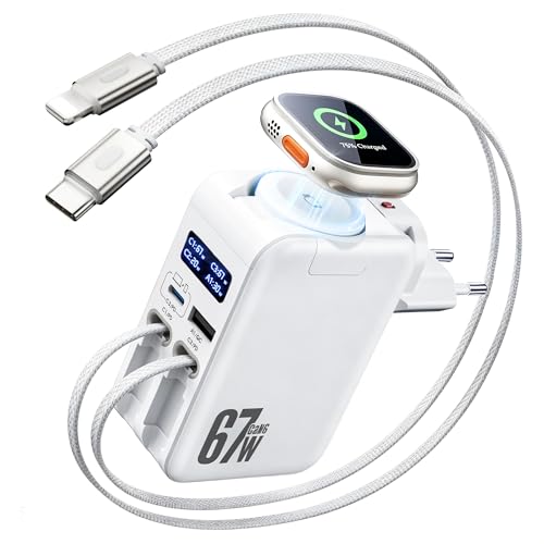 HATALKIN 67W Einziehbares Ladegerät mit Apple Watch Ladegerät,USB Ladegerät Netzteil mit Apple &Typ-C Schnellladekabel Retractable Charger für Apple Watch Ultra/11/10/9,MacBook,iPhone,Galaxy,iPad