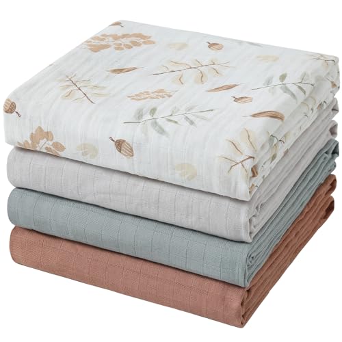 Image of POMISO Muslin Swaddle Blankets for Boys & Girls, 4 Pack Receiving Baby Blanket for Newborns, Large 47 x 47 Inches, Soft Breathable Baby Swaddles, Acorn & Earthy Colors