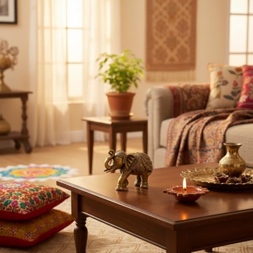 Image of Lamcy PlazaDecorative Elephant Showpiece for Home Decor | Golden Elephant Statue with Raised Trunk | Vastu Feng Shui Lucky Elephant Figurine for Living Room, Office Desk & Gift