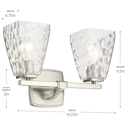 Image of Kichler Marant 2-Light Bathroom Vanity Light Fixture with Clear Water Glass in Brushed Nickel, Modern Wall Mount Light for Bathroom Over Mirror (14.25 in x 9.5 in), 55215NIWTR