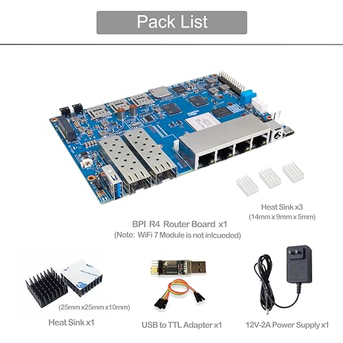 Image of Banana Pi BPI-R4 Wi-Fi 7 Wireless Dual-Band WiFi OpenWRT Router Board, with MediaTek MT7988A (Filogic 880) SoC, Support 2X 10GbE SFP and 4X GbE Gigabit Ethernet for NAS Smart Home Gateway