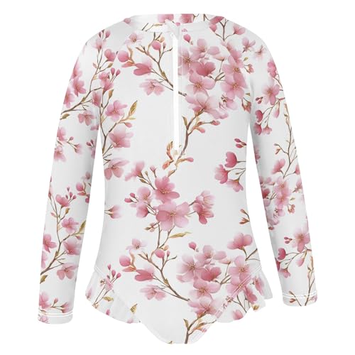 ALAZA Toddler Swimsuit Girl Bathing Suit Swimwear Rash Guard Cherry Blossoms Long Sleeve 3T2