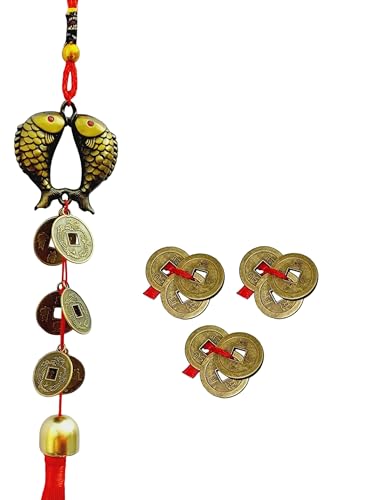 Image of Feng Shui Coins Items for Good Luck, Coin Hanging Tassel for Temple Decoration Car Mirror Hanging (Antique Golden Red)