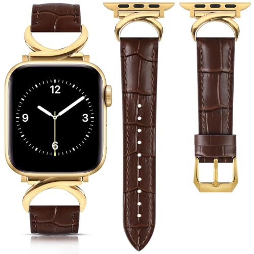 mxiixnai Leather Band Compatible with Apple Watch Bands for Women, Dressy Designer Strap with C-Shape Metal Buckle for iWatch Series 11/10/9/8/7/6/5/4/3/2/1/se(38mm 40mm 41mm 42mm,Crocodile Pattern Brown/Gold)