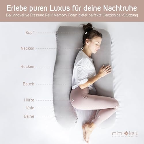 mimi kalu® DAS ORIGINAL Seitenschläferkissen mit Memory Foam [Formstabil] inkl. 100% Soft-Cotton Bezug und Schlafmaske | Schwangerschaftskissen zum Schlafen | Stillkissen | Kuschelkissen