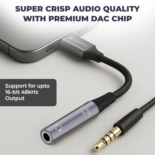 Image of Amkette Type C to 3.5mm Audio Jack Connector | DAC Chipset | Kevlar Braided Cable | Compatible with iPhone 16,15 Series & Other Type C Phones | Premium Aluminum Build | Plug & Play Compatibility