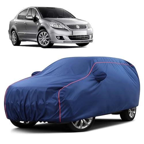 Image of Sulfar 100% Water Resistant Car Body Cover Compatible with Mirror for Maruti Suzuki SX4 (Triple Stitched, Full Bottom Elastic, Blue Taffeta with Red Piping)