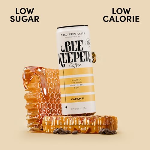 Image of Beekeeper Caramel Cold Brew Coffee Drinks with Oregon Honey | 12 Pack Refreshing Iced Coffee - Unsweetened & Strong Arabica Brew, 8 fl oz Ready-to-Drink Can - 180mg Natural Caffeine