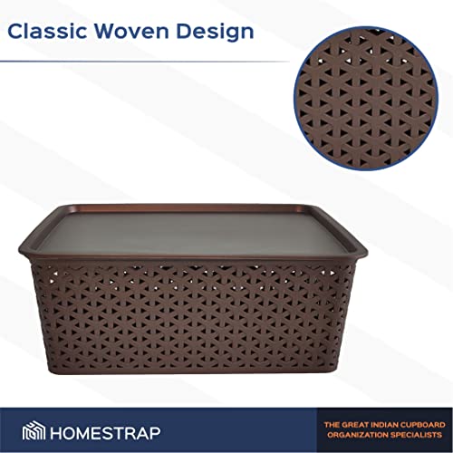 Image of Homestrap Set Of 3 Plastic Storage Organizers /baskets With Lid For Kitchen, Clothes, Multipurpose Vegetables, Toys, Books, Office, Stationery, Wardrobe(Medium| Brown)